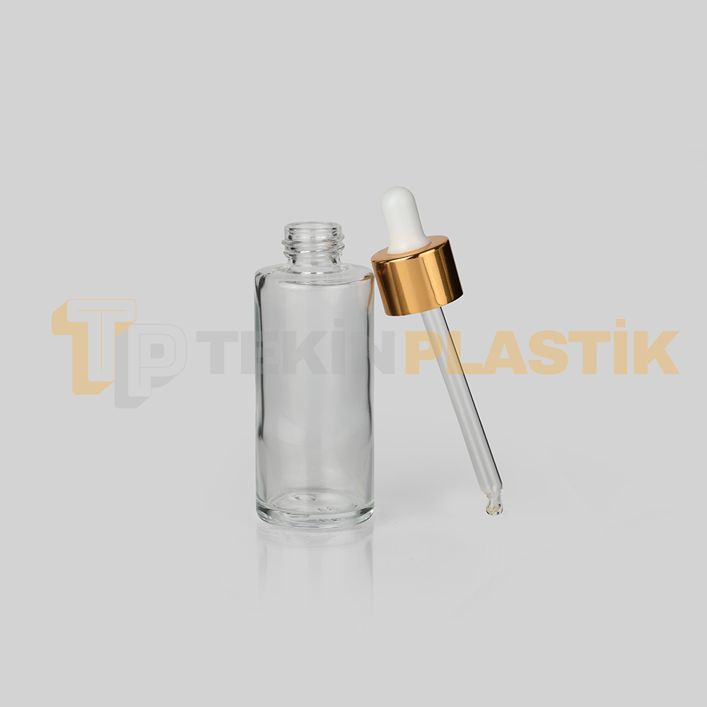 60 ml Toptan Premium Cam Damlalıklı Dropper Şişe Metal Gold Beyaz Damlalık Takımlı