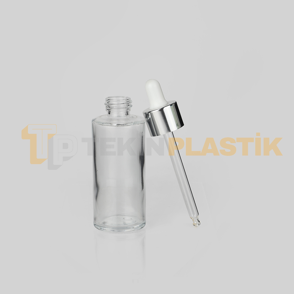 60 ml Toptan Premium Cam Damlalıklı Dropper Şişe Metal Gümüş Beyaz Damlalık Takımlı