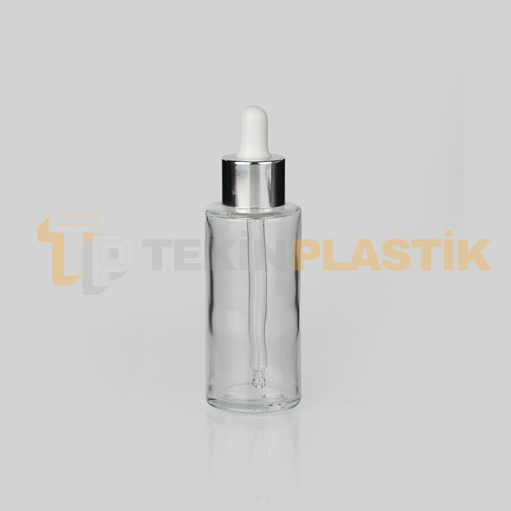 60 ml Toptan Premium Cam Damlalıklı Dropper Şişe Metal Gümüş Beyaz Damlalık Takımlı