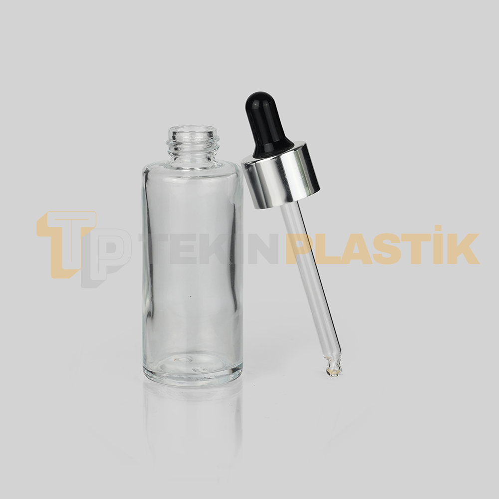 60 ml Toptan Premium Cam Damlalıklı Dropper Şişe Metal Gümüş Siyah Damlalık Takımlı