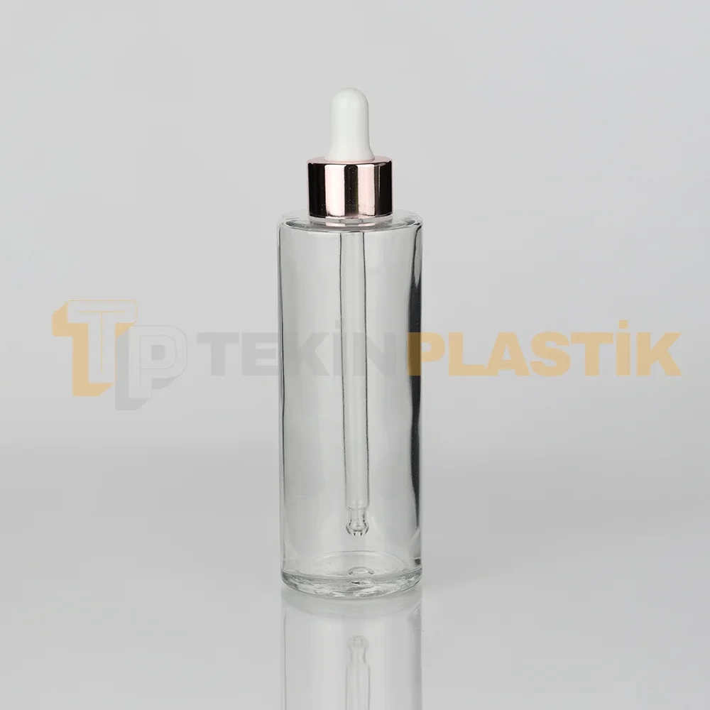 Premium Cam Damlalıklı Dropper Şişe 90 ml Premium Cam Damlalıklı Dropper Şişe Metal Rose Gold Beyaz Damlalık Takımlı
