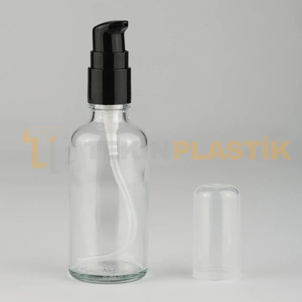  Damlalıklı Şişe 50 ML  Şeffaf Cam  Siyah Losyon Serum Pompalı 